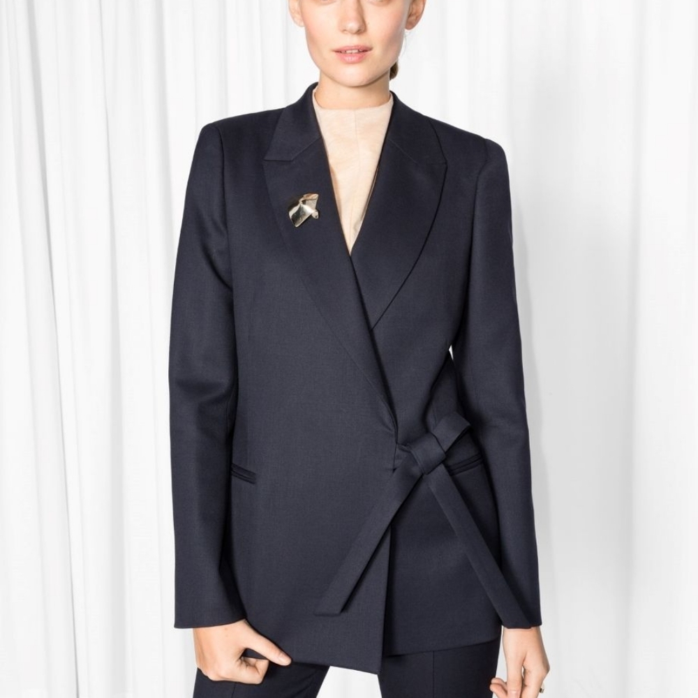 & Other Stories Navy Blue wrap wool blazer